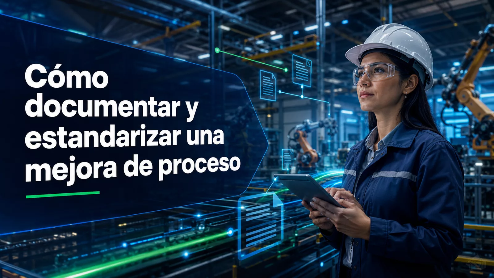 Ingeniera revisando la documentación y estandarización de una mejora de proceso en una planta industrial.
