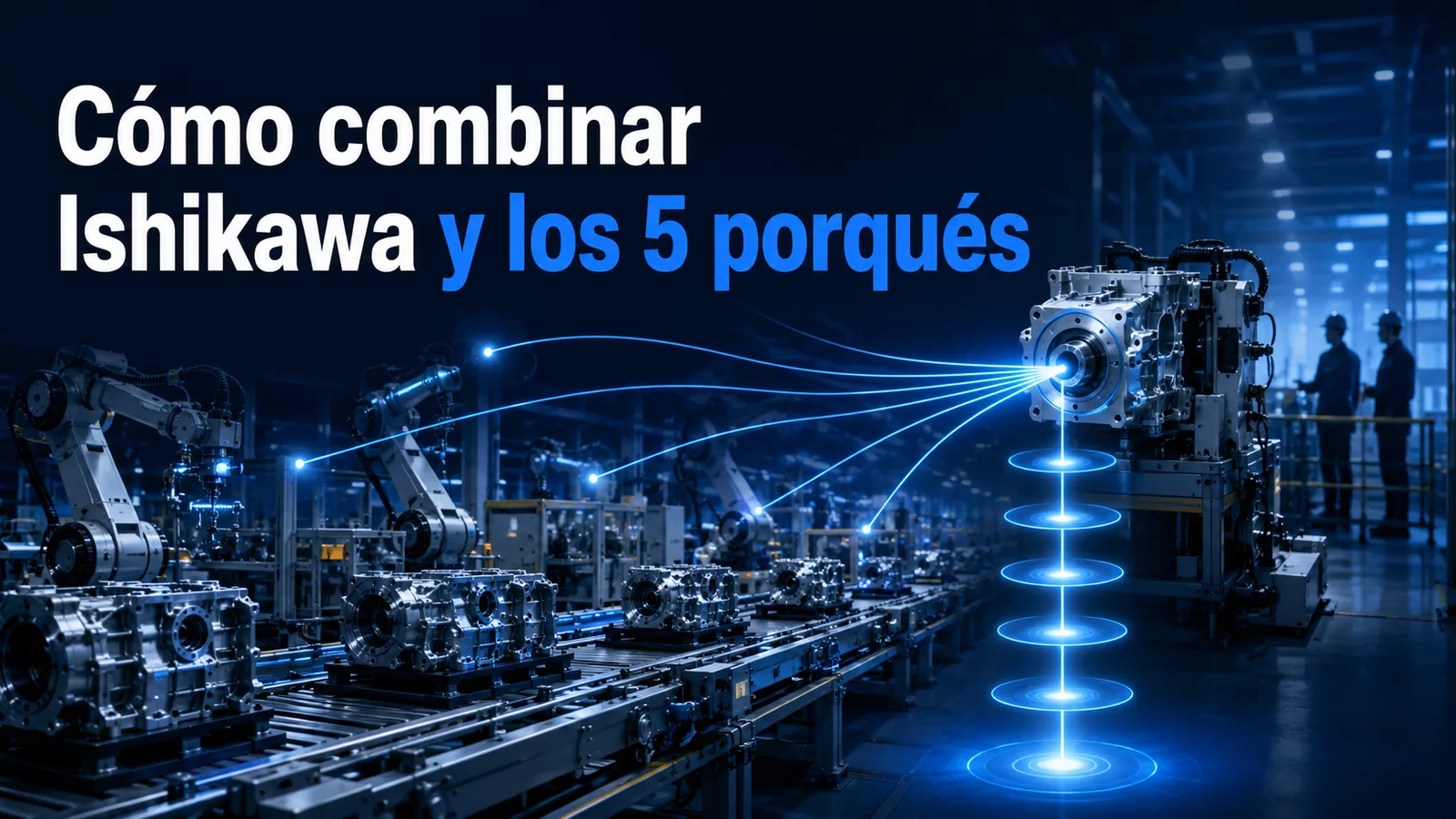 Diagrama de Ishikawa combinado con los 5 porqués para analizar causas raíz de un problema.