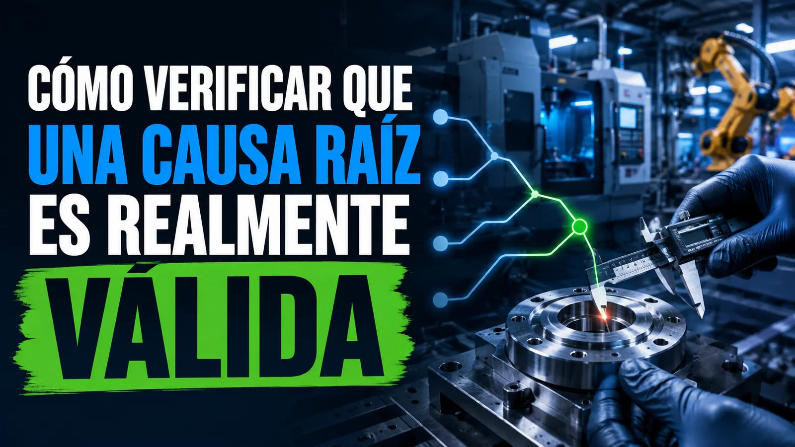 Medición de una pieza industrial con una ruta de análisis que destaca la causa raíz validada.
