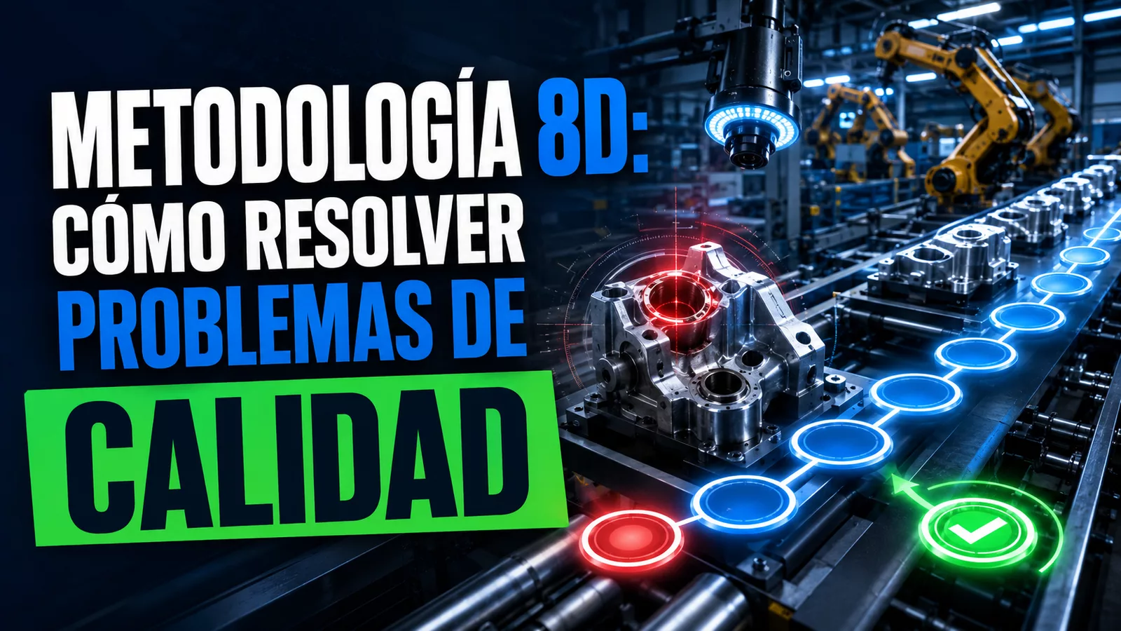 Línea de manufactura con una pieza defectuosa y una secuencia de ocho etapas para resolver problemas de calidad.