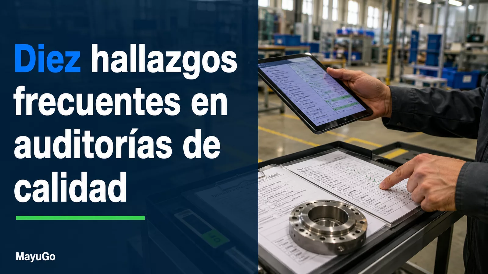 Manos de un auditor revisando una lista de verificación y una tableta durante una auditoría de calidad en una planta industrial.