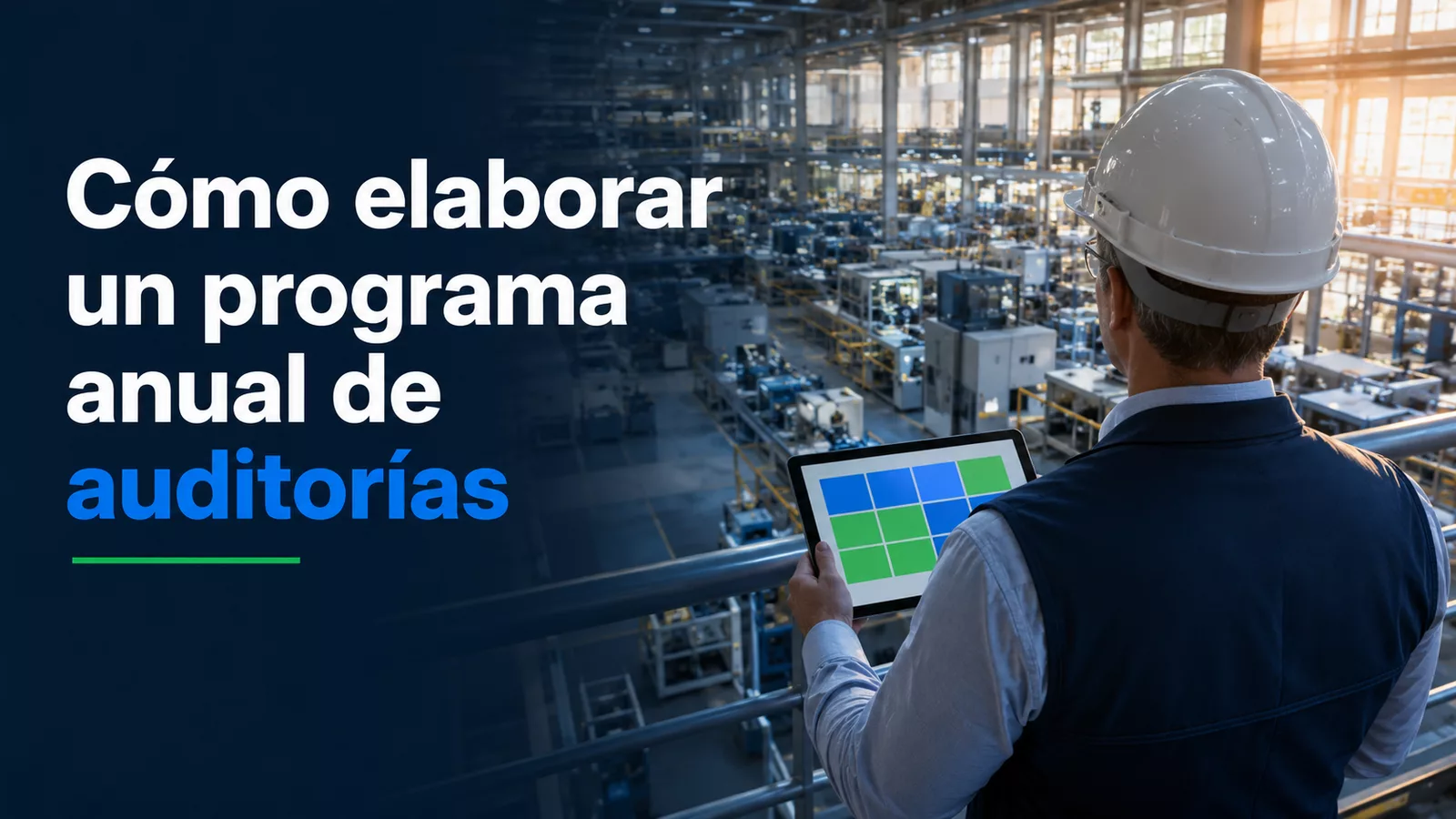 Auditor revisando un programa anual de auditorías y una lista de verificación en una planta industrial.