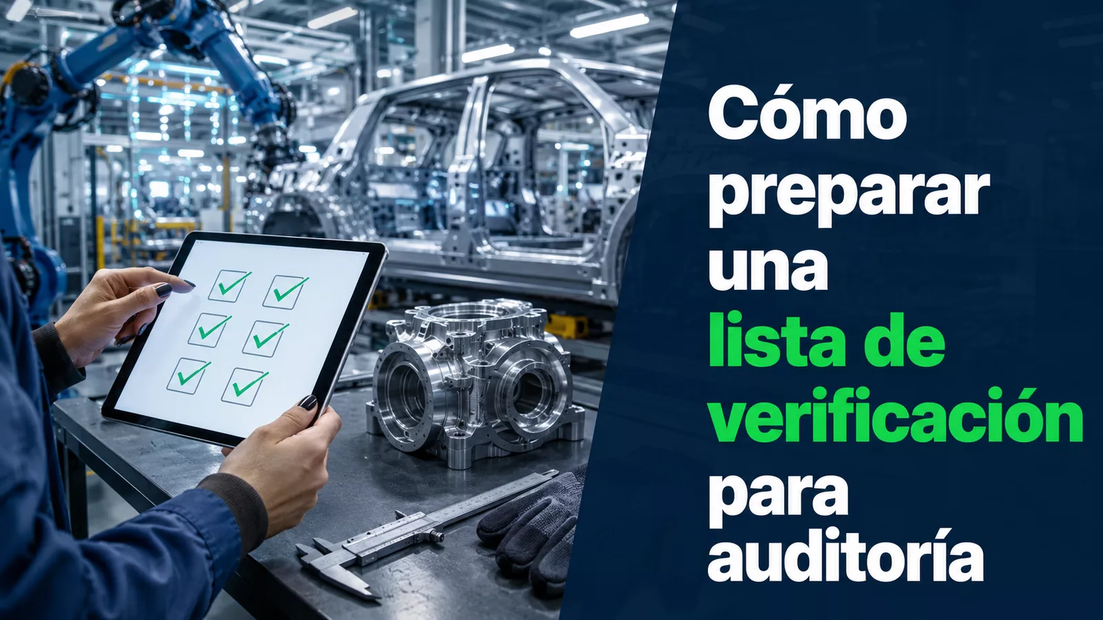 Auditor revisando una lista de verificación en una planta industrial durante una auditoría de calidad.